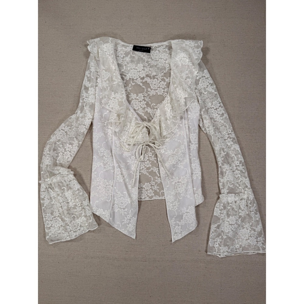 Urban Episode White Floral Lace Ruffle Tie Front Bell Sleeve Top Small
